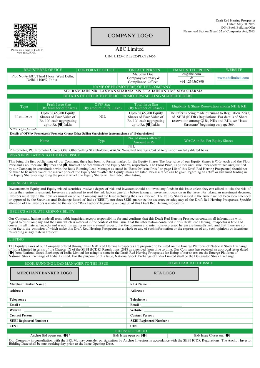 DRHP filing cover Page