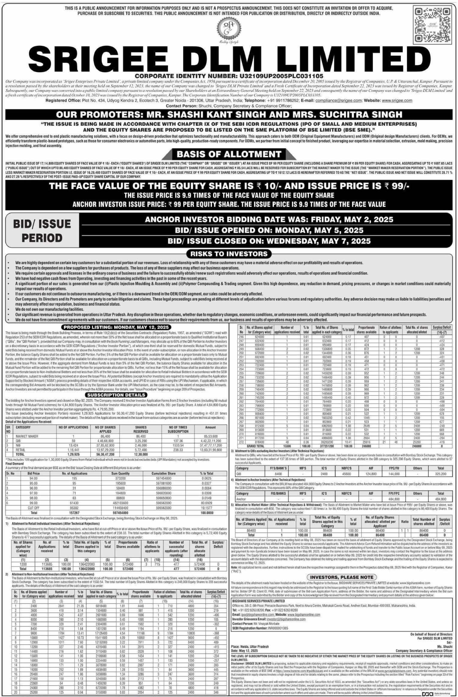 Srigee DLM IPO Basis of Allotment format